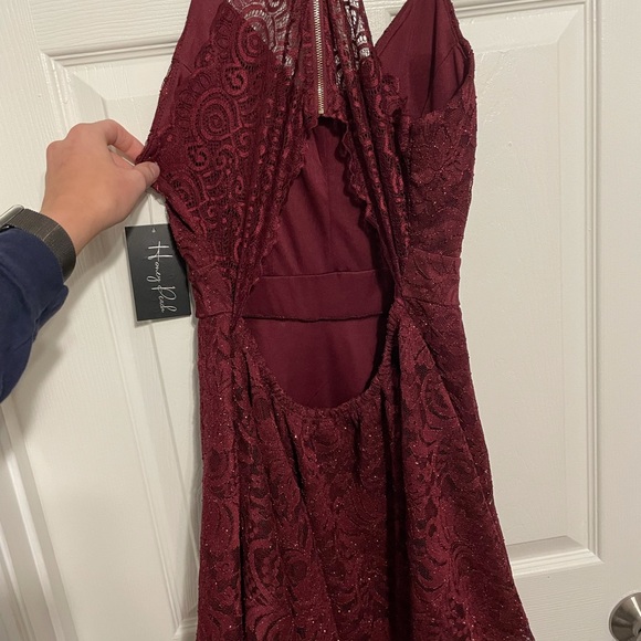 Honey and Peach Sparkly Burgundy Lace Dress - Picture 6 of 6